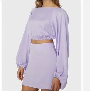 NEW WeWoreWhat Revolve L Crop Billow Sleeve Open Back Top Satin Pastel Purple
